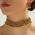 Vintage boho σετ κοσμημάτων με κόκκινες πέτρες, χρυσό κολιέ τσόκερ και σκουλαρίκια - Κολιέ Και Σκουλαρίκια / Αντικέ χάλκινο