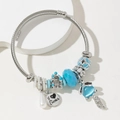 European style silver fox charm bracelet with blue beads and a heart castle pendant - Blue