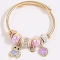 Gold braided stainless steel bracelet with teddy bear charm and pink heart beads - Macaron Purple