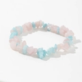 Detail of handmade elastic bracelet with natural pink quartz and blue agate chips - Light Pink & Blue (Rose Quartz/Amazonite)