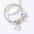 Bracciale in acciaio argento con perle viola, perle e ciondoli a forma di cuore e chiave - Bianco