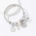 Bracciale rigido a cavo argento con ciondoli a cuore, perle e scritte d'amore - Bianco