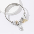 Stainless steel open cable bracelet with cat charm, heart pendant and pearls - White