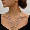 Bohemian multi-layer necklace and earring set with pink crystals and silver-tone beads - Crushed Stone Pink