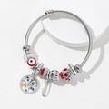 Bracciale in acciaio intrecciato argento con ciondolo Albero della Vita e perline Evil Eye - Rosso