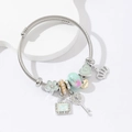 Bracciale a cavo in acciaio inossidabile con ciondoli a chiave a cuore e corona - Verde