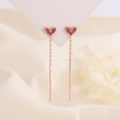 Pink heart drop earrings in rose gold S925 sterling silver with long tassel chain - Pink Heart Threader Earrings (A102)