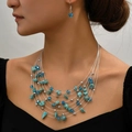Bohemian multi-layer turquoise crystal necklace and earring set on female model - Turquoise Blue