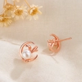 Elegant S925 silver rabbit pearl earrings with rose gold moon design and zircons - Rose Gold