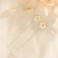 Elegant daisy flower dangle earrings with white petals and yellow centers on linen - Frangipani Ear Line (A128)