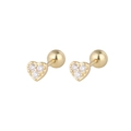 Close-up of gold heart screw back earrings with three sparkling zircon stones - Screw Back Style / Gold