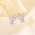S925 silver bow stud earrings with pink heart stones and hanging cross charms - Pink (A133)