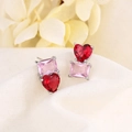 Two-tone crystal heart earrings with pink rectangle stones on silver metal base - Silver (C114)