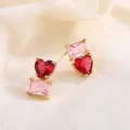 Two-tone heart crystal earrings with red heart and pink rectangle stones in gold finish - Gold (C114)