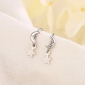 S925 silver star and moon drop earrings with micro-inlaid zircon on linen background - Star Moon Style (A142)