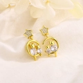 Cat and star earrings in gold with cubic zirconia on a soft textured fabric background - Gold
