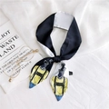 Slim black and white silk scarf featuring a trendy zebra cartoon and yellow accents - Black and White Zebra (A2-005-1)