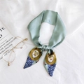 Mint green silk skinny scarf with cartoon lion illustration and artistic satin finish - Mint Green Lion (A2-005-7)