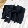 Solid black knitted shawl with tie-knot design and white label for women scarf - 42x95cm / Black