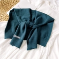 Teal knitted shawl scarf with a minimalist ribbon label styled as a draped capelet - 42x95cm / Lake Blue