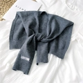 Chic grey knitted shawl wrap scarf with ribbon tie and decorative label detail - 42x95cm / Gray