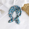 Pink silk square scarf with blue floral print and delicate stitched edges - 50cm x 50cm / Blue and Gray Rose