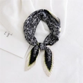 Pleated square silk scarf with black white paisley print and green border accents - Pleated Flower Branch Paisley Black