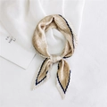 Elegant champagne pleated silk scarf with navy geometric edge tied in a bow knot - Pleated Flower Branch Paisley Khaki