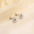 Silver sun-shaped stud earrings with blue cubic zirconia and screw ball backing - Blue Sun Style (C131)