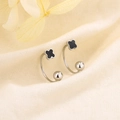Minimalist silver clover screw-back earrings with black enamel detail for women - Silver