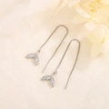 Elegantes pendientes de hilo cola de sirena plateados con circonitas y cadena de caja - Oro Blanco