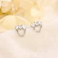 Elegant S925 silver heart tassel earrings with zircon stones on beige fabric backdrop - Silver Heart Tassel Style (A153)