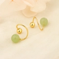 Detail of S925 S-shaped gold earrings with screw back and green jade-like beads - A163 Spiral Style / Green (Gold Style)