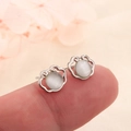 Traditional S925 silver cloud stud earrings with white cat-eye stone on fingertip - Auspicious Cloud Ruyi Lock White Cat's Eye / White Gold