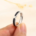 Minimalist S925 sterling silver couple ring with black enamel and adjustable open design - Black Large (B41)