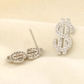 Funkelnde S925 Silber Dollarzeichen Ohrstecker mit weißem Zirkonia-Inlay-Design - Weißgold