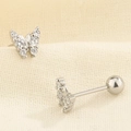Silver butterfly screw back earrings with zirconia stones for women and cartilage piercings - White Gold