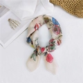 Floral print cotton linen small square scarf in beige with red and blue flower patterns - Floral Prosperity