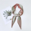 Pleated skinny silk scarf featuring green plaid and coral geometric color-blocking patterns - Pleated Colorblock H Pink