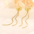 Elegant 14K gold bow earrings with long tassel chain fringe for a minimalist stylish look - Gold Bow Tassel Style (A196)