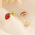 Cute red strawberry stud earrings in S925 silver with secure gold screw back design - Gold