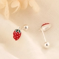 Cute S925 silver red strawberry screw-back stud earrings on soft linen background - White Gold