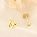 Golden Fu character and coin studs with screw ball backs on white linen background - Gold