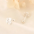 925 silver stud earrings with Fu character and screw back closure on soft fabric background - White Gold