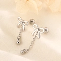 Silver bowknot tassel drop earrings with screw back ball and chain charm detail - Silver Bow Tassel Style (A199)