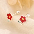 Red flower screw back earrings in stainless steel with colorful enamel floral petals - Red Flower With Green Leaf Style (C230)