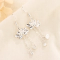 Silver lotus tassel earrings with minimalist classic Chinese style and long pendants - Lotus Tassel Style (A204)