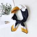 Square silk scarf with yellow and black geometric patterns tied in a stylish bow - 2 Fifteen-petal Daisy Black