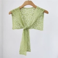 Pale green floral lace shawl wrap with delicate crochet pattern and wood hanger display - Green