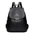 Large capacity black pebble leather backpack for women with silver metal trim and flap cover - Black